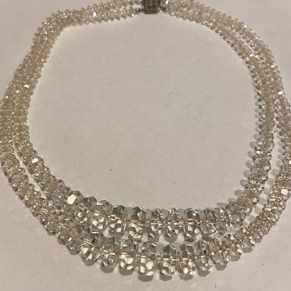 Faceted Deco Clear Beaded Necklace with Elegant Sterling Silver Clasp